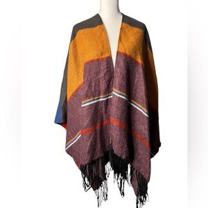 Woven Heart Fringed Poncho Pumpkin Spice Plaid Stripe Cozy Fall Wrap One Size